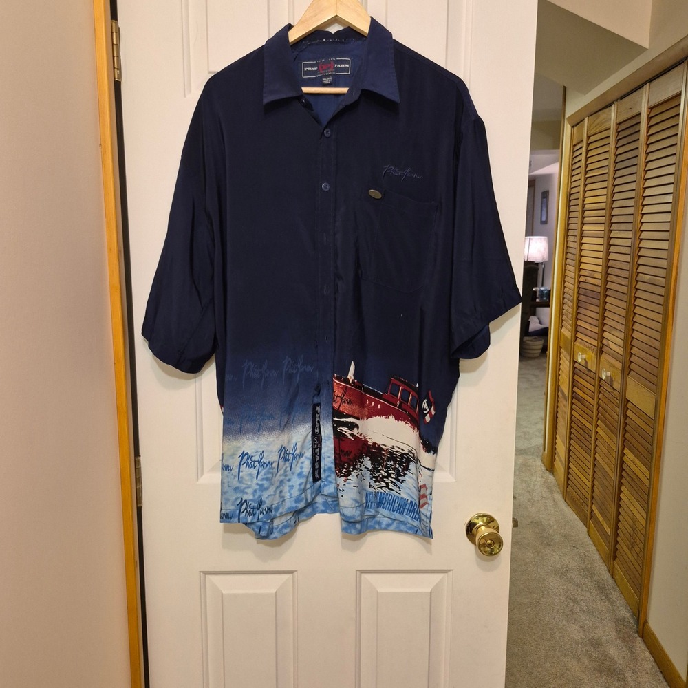 Vintage Phat Farm Mens XXL Navy Blue Graphic Boat Print Short Sleeve Shirt 90s